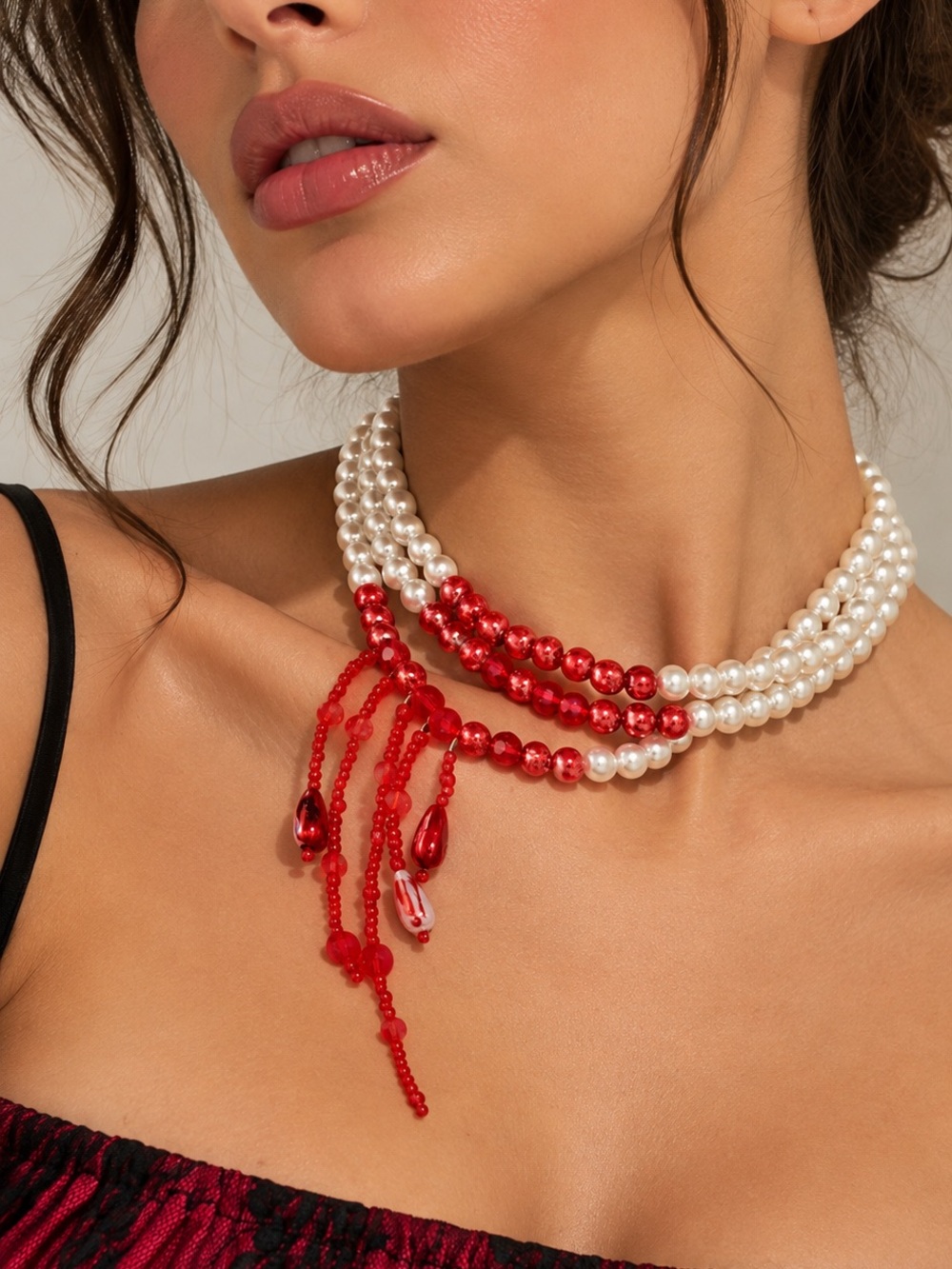 Pearl & Red Beaded Multi-Strand Statement Necklace